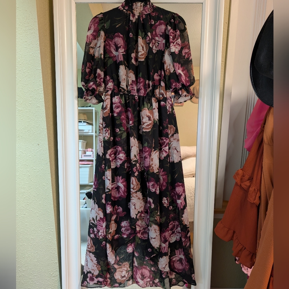 Eliza J Black and Purple Floral Long Sleeve Dress Size 4 - Picture 4 of 10
